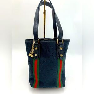 Gucci Small Black GG Canvas Sherry Line Jolicoeur Bucket Tote Bag Gold Charms